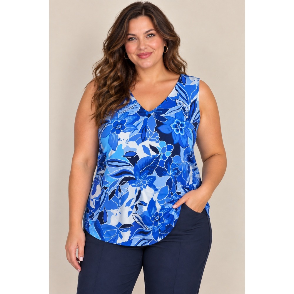NWT Skies Are Blue Satin Tank Top Women 1X Floral V-Neck Blouse Office Layering